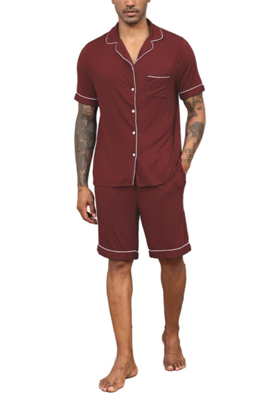 Casual slight stretch lapel button pocket shorts set loungewear