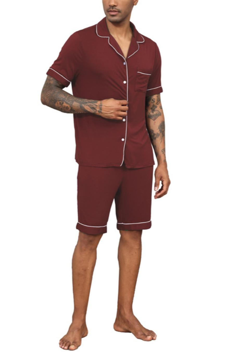 Casual slight stretch lapel button pocket shorts set loungewear