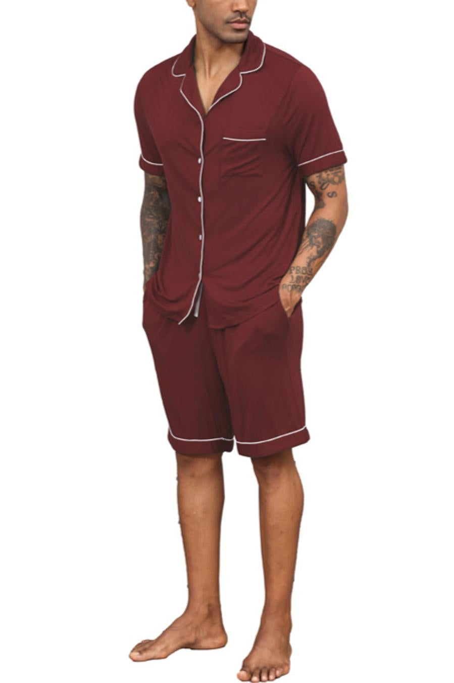 Casual slight stretch lapel button pocket shorts set loungewear