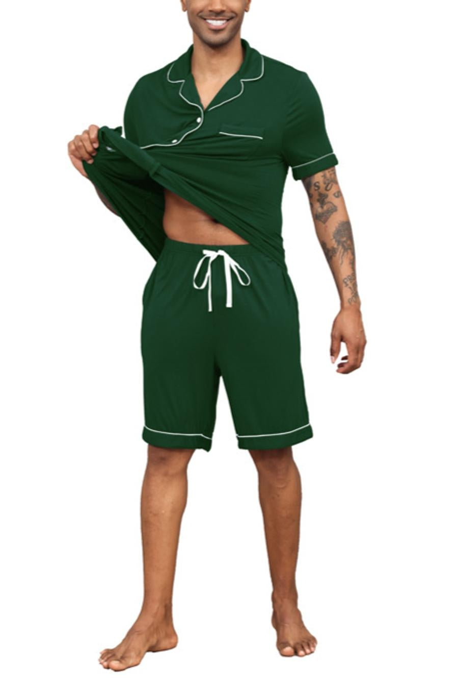 Casual slight stretch lapel button pocket shorts set loungewear