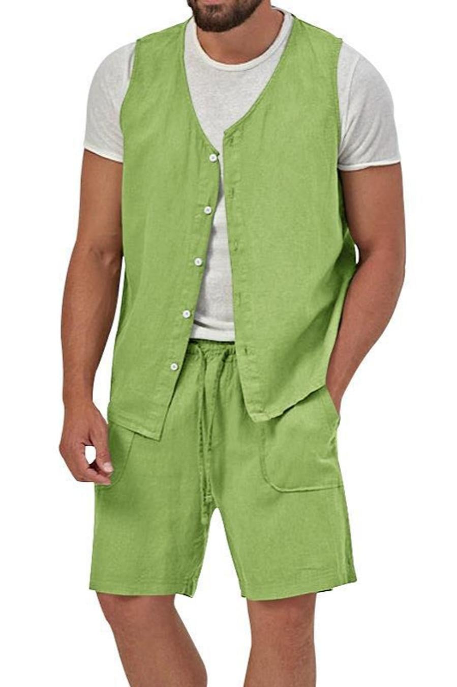 Casual men's non-stretch vest & shorts set (no white t-shirt)