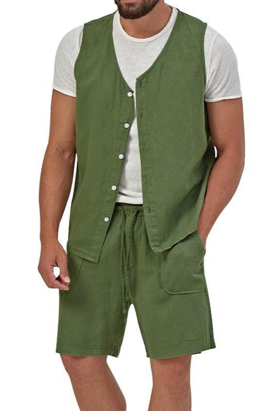 Casual men's non-stretch vest & shorts set (no white t-shirt)
