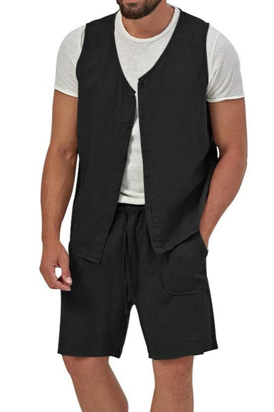 Casual men's non-stretch vest & shorts set (no white t-shirt)