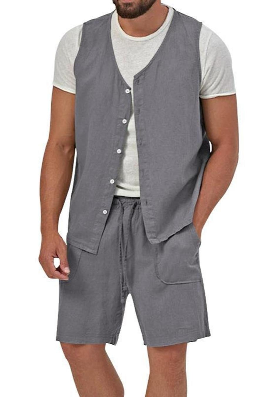 Casual men's non-stretch vest & shorts set (no white t-shirt)
