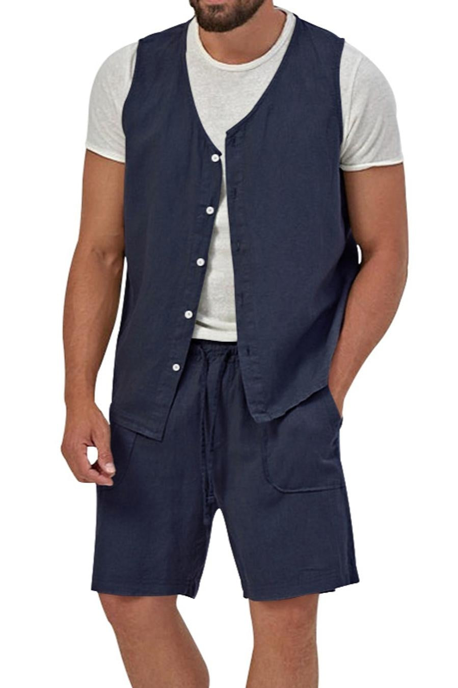 Casual men's non-stretch vest & shorts set (no white t-shirt)