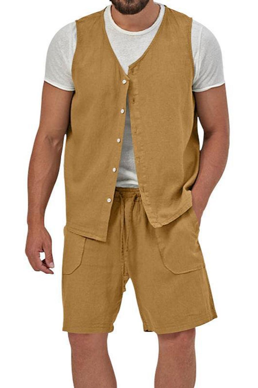 Casual men's non-stretch vest & shorts set (no white t-shirt)