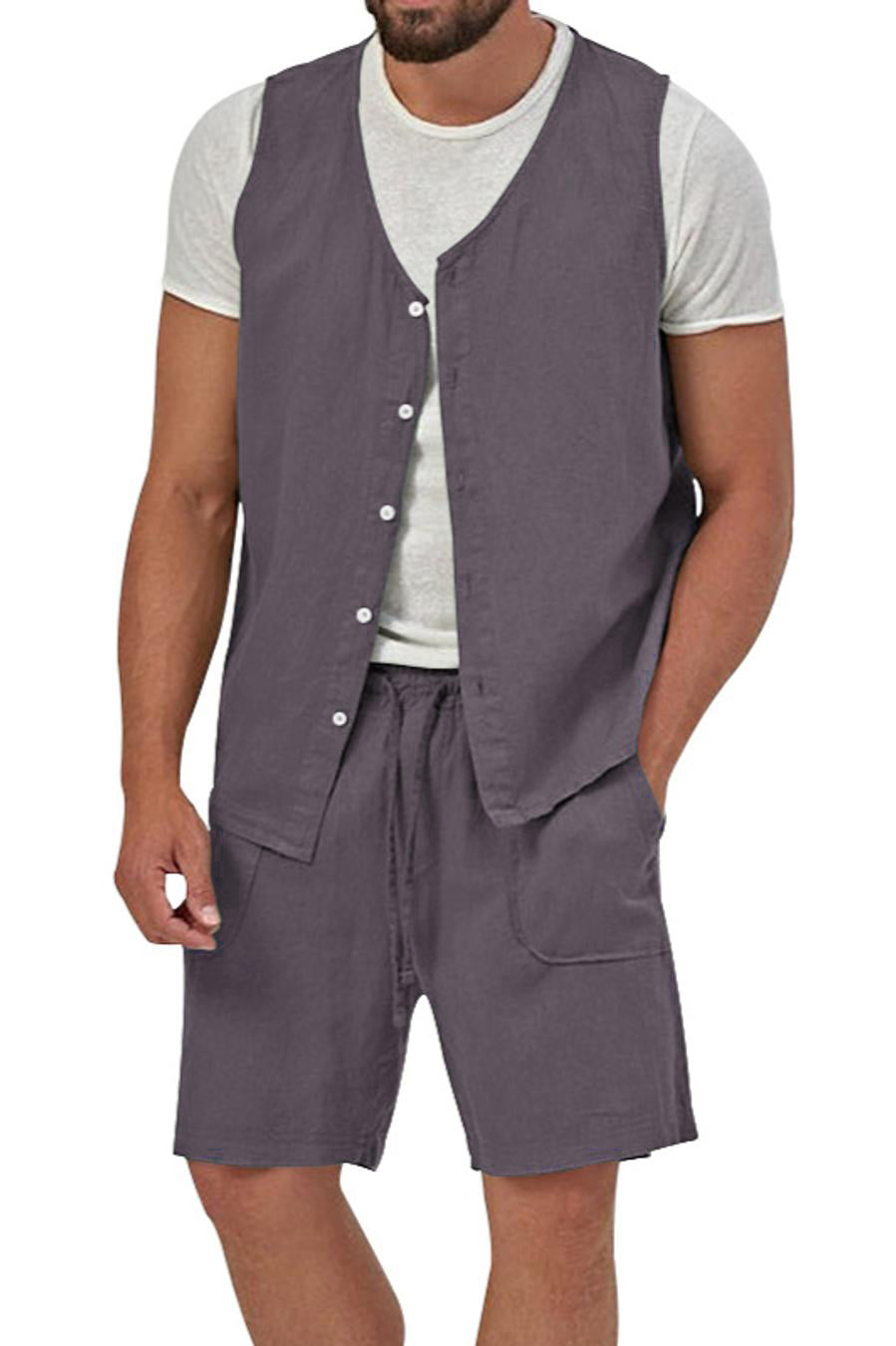 Casual men's non-stretch vest & shorts set (no white t-shirt)