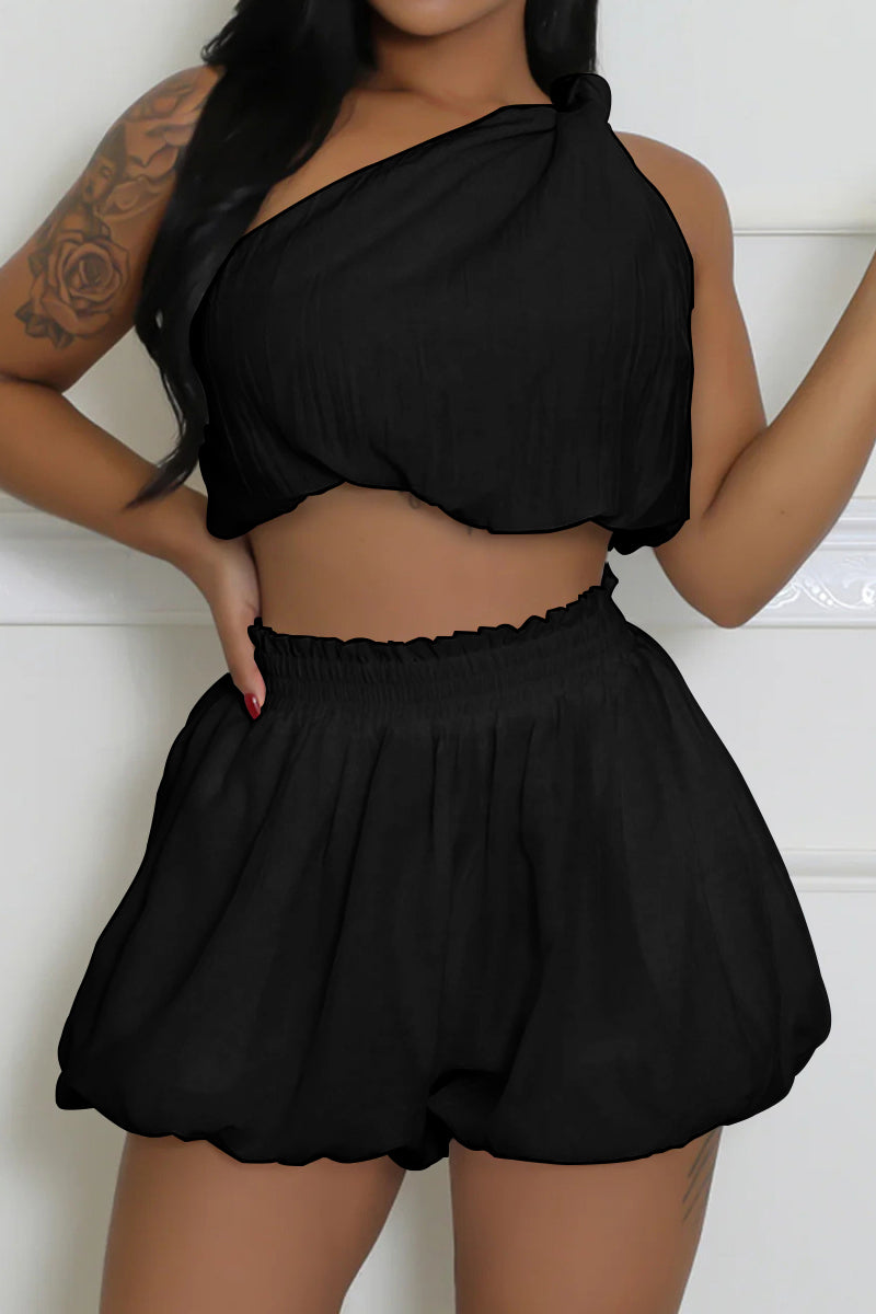 Hot sale casual non-stretch one shoulder crop vest & shorts set