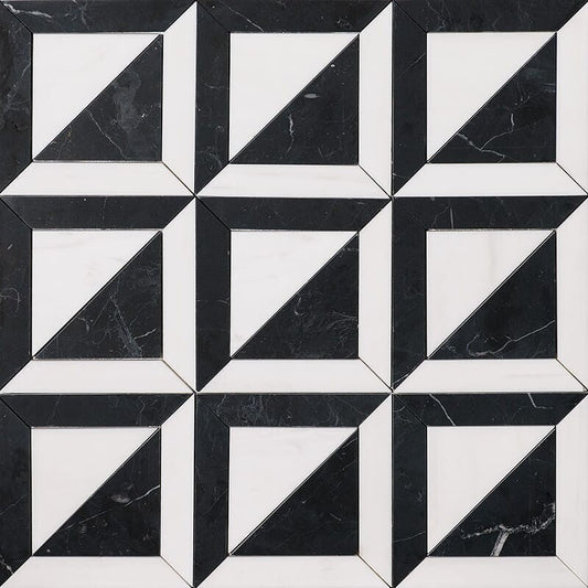 Black, Ice white 11 15/16"x11 15/16" Honed York Marble Mosaic