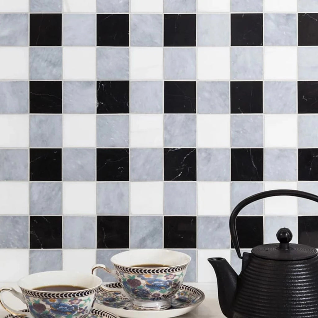 Allure Light Snow White Black Honed 12"x12" Marble 2"x2" Mosaic Tile