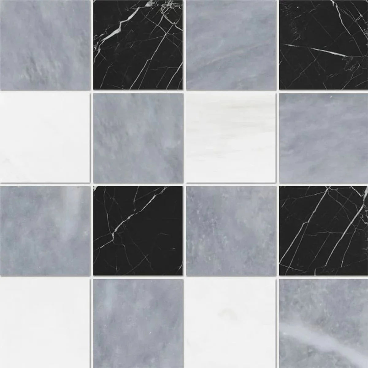 Allure Light Snow White Black 16"x16" Honed Marble 4"x4" Mosaic Tile