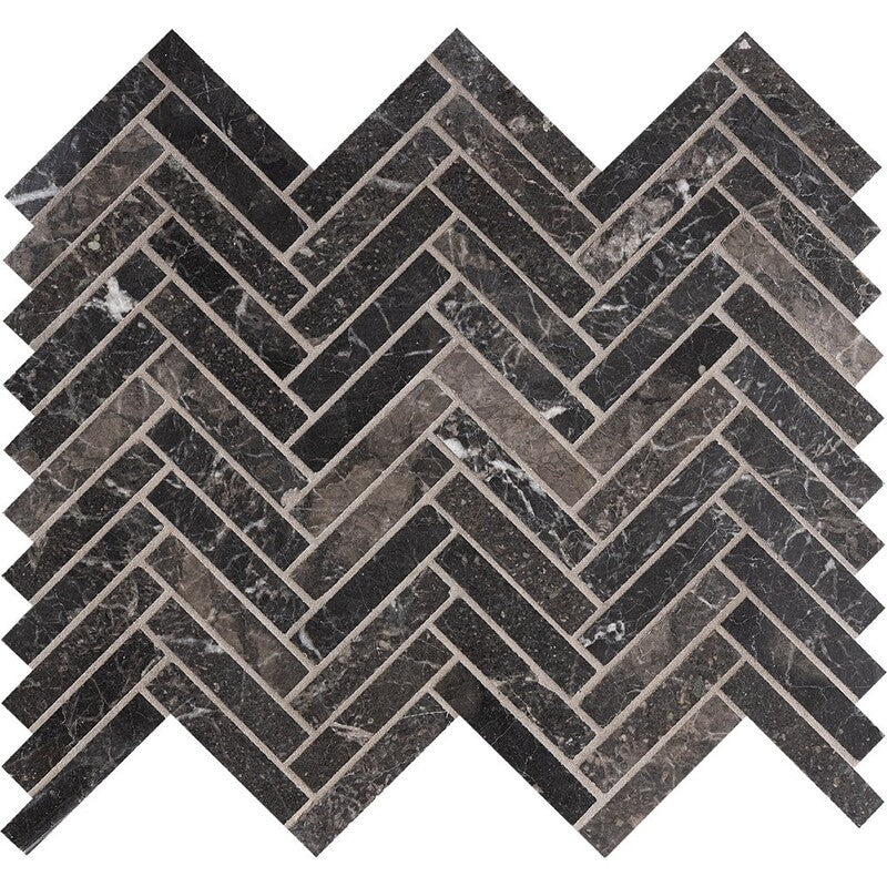 Black Honed 10 7/16"x12 13/16" Herringbone 5/8"x3" Marble Mosaic