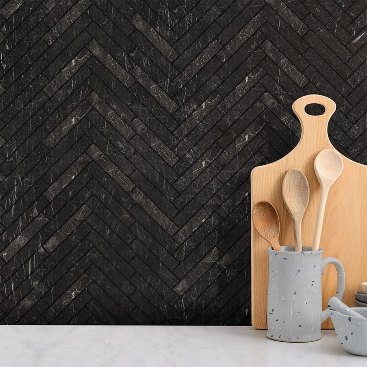 Black Honed 10 7/16"x12 13/16" Herringbone 5/8"x3" Marble Mosaic