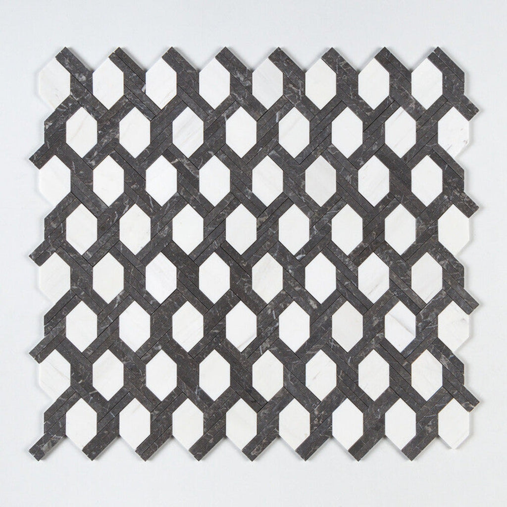 Black Night, Snow White Honed 9 11/16"x16 7/16" Braided Hexagon Marble Mosaic
