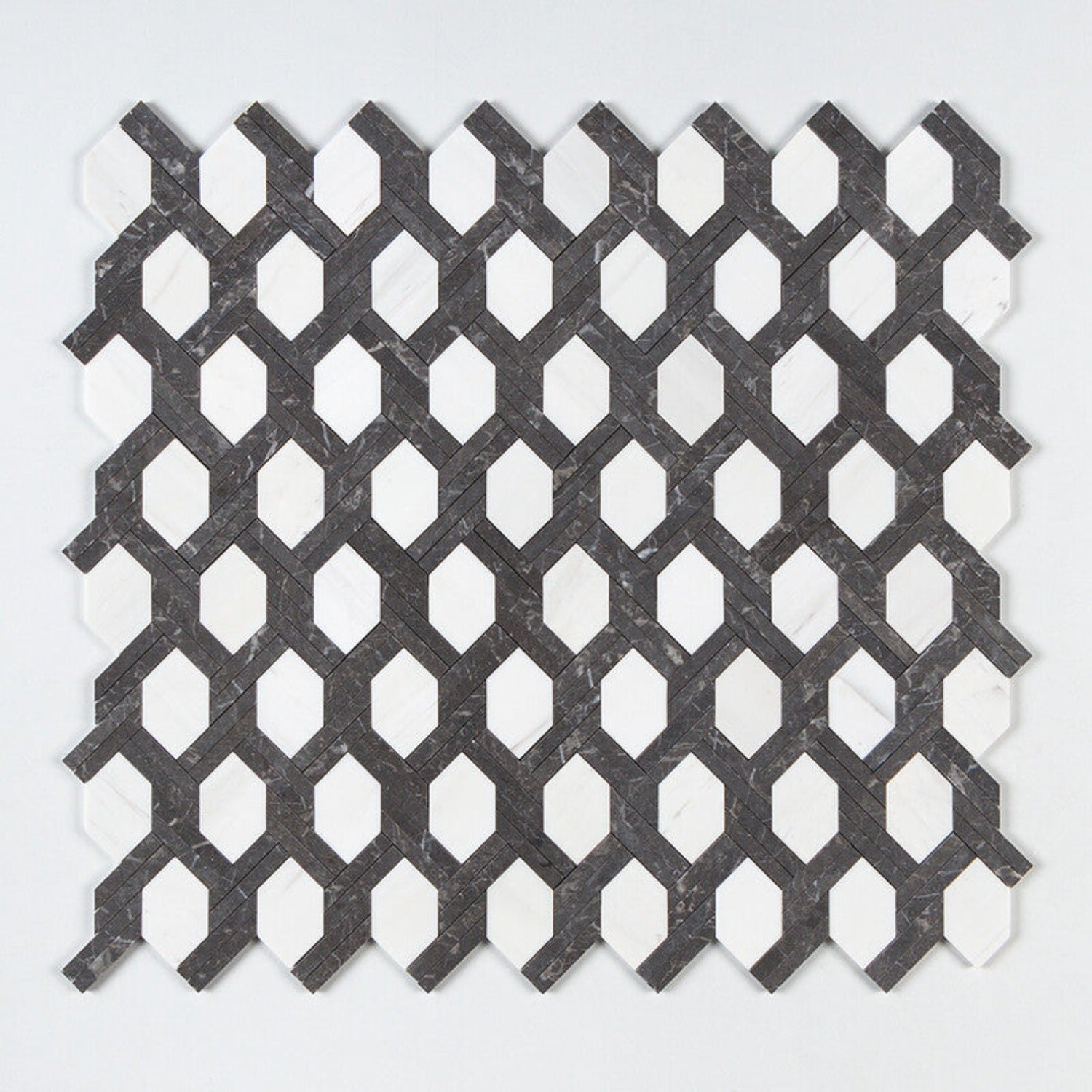 Black Night, Snow White Honed 9 11/16"x16 7/16" Braided Hexagon Marble Mosaic
