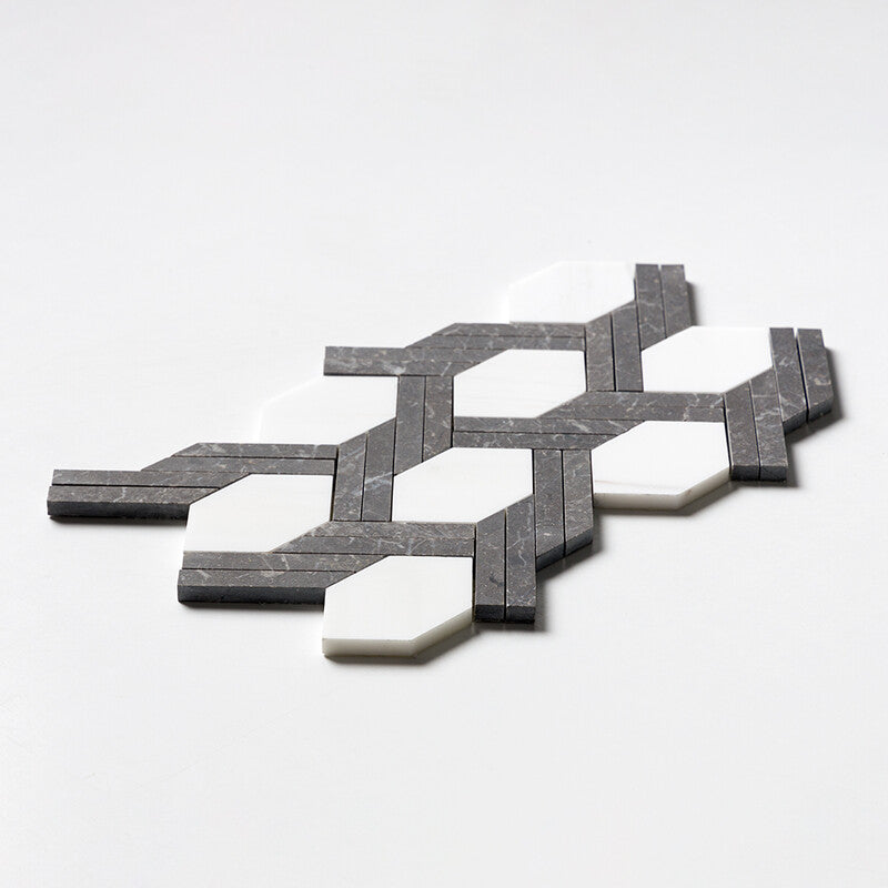 Black Night, Snow White Honed 9 11/16"x16 7/16" Braided Hexagon Marble Mosaic