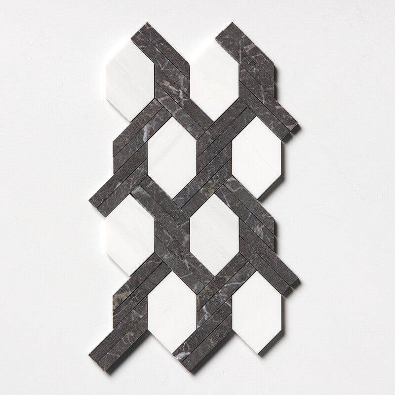 Black Night, Snow White Honed 9 11/16"x16 7/16" Braided Hexagon Marble Mosaic