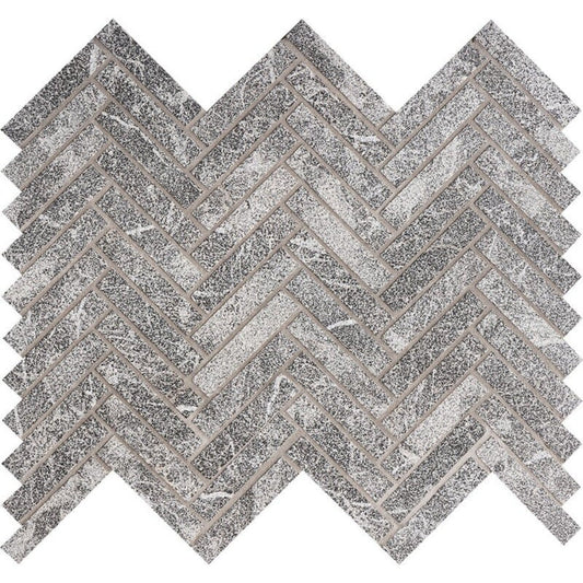 Black Leather 10 7/16"x12 13/16" Herringbone 5/8"x3" Marble Mosaic