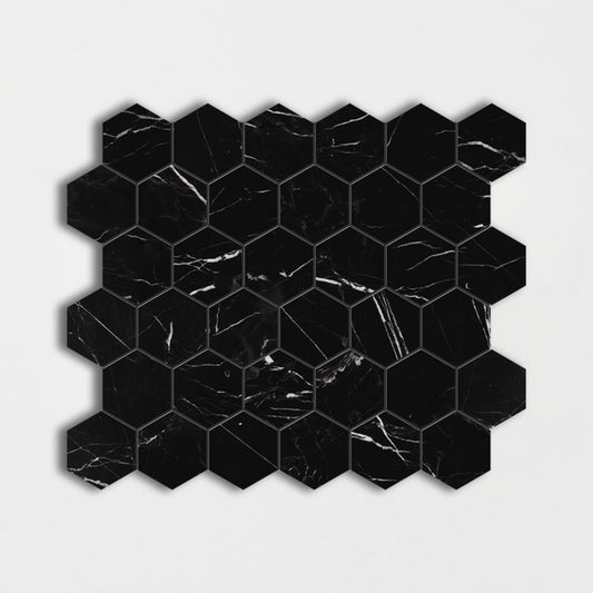 Black Honed 12"x12" Hexagon Marble Mosaic Tile
