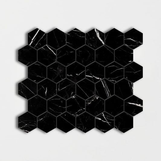 Black Polished 12"x12" Hexagon Marble Mosaic Tile