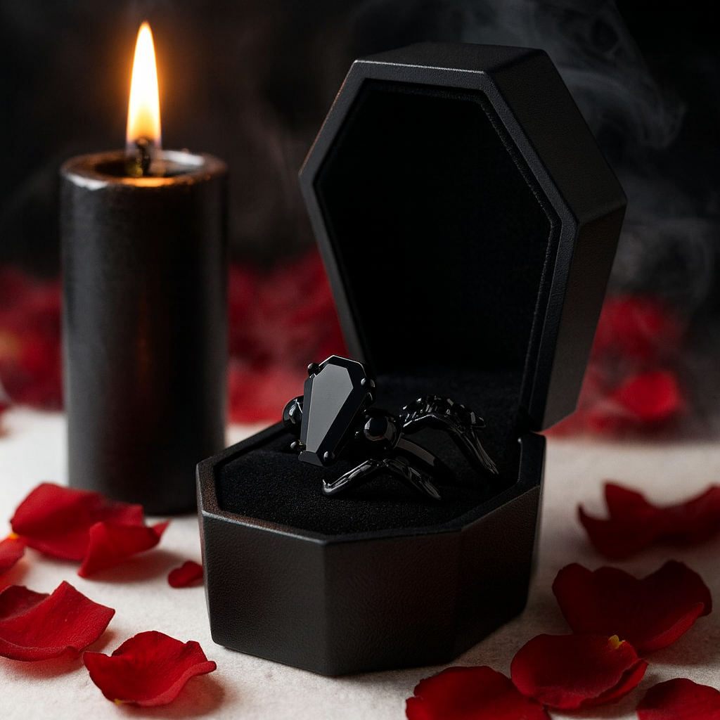 My Ever After Ring - Coffin Cut Diamond Option with Skulls, Bat and Roses Promise Ring
