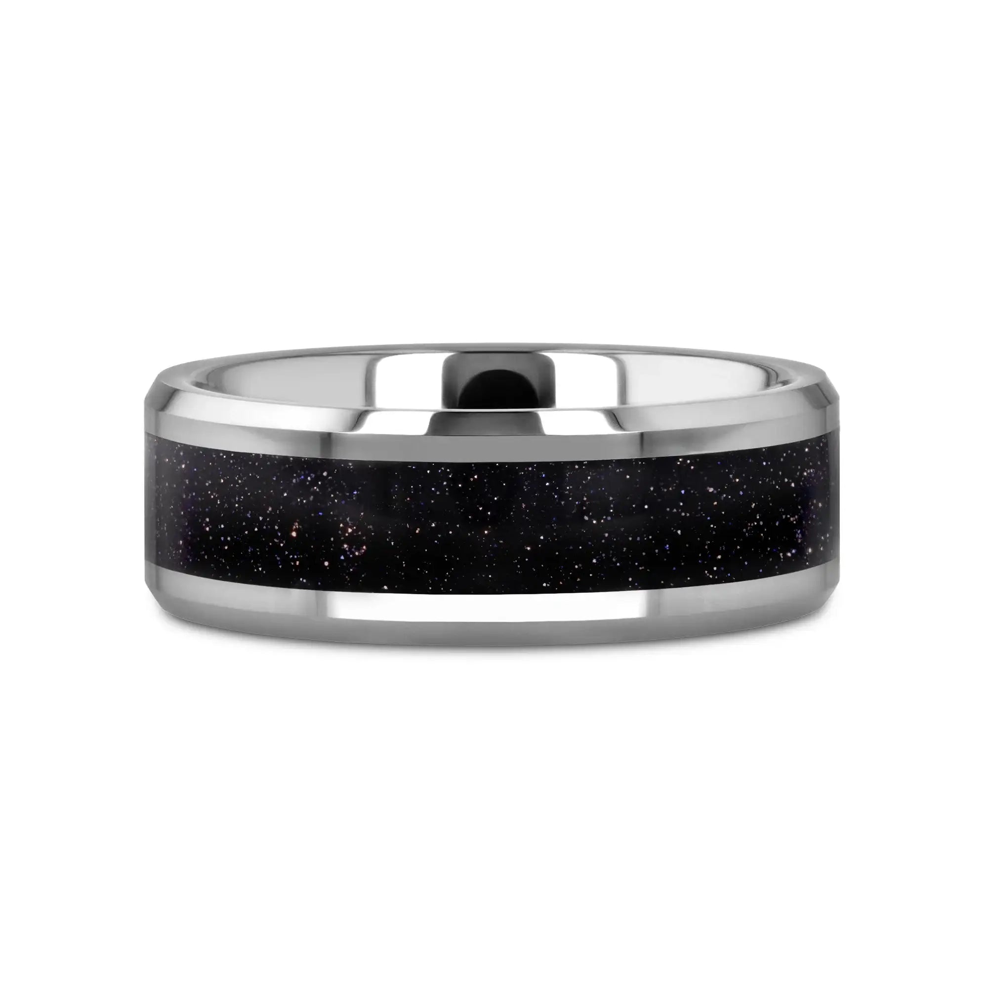 MAKI Men’s Beveled Polished Finish Tungsten Wedding Ring with Purple Goldstone Inlay - 8mm