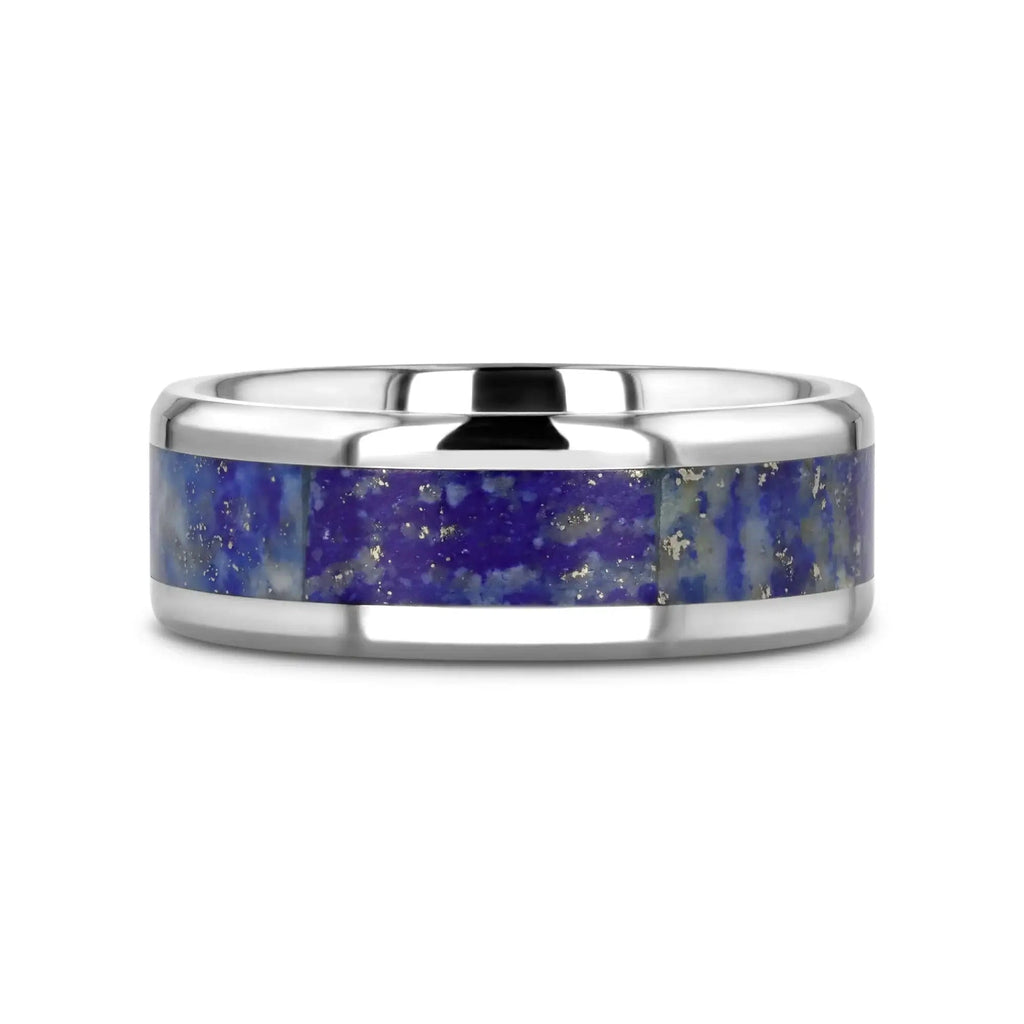 MALONE Men's Titanium Wedding Ring with Blue Lapis Inlay & Beveled Edges - 8mm