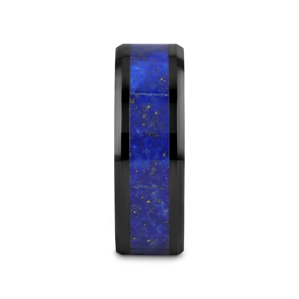 MARLOW Men’s Polished Black Ceramic Wedding Band with Blue Lapis Inlay & Beveled Edges - 8mm