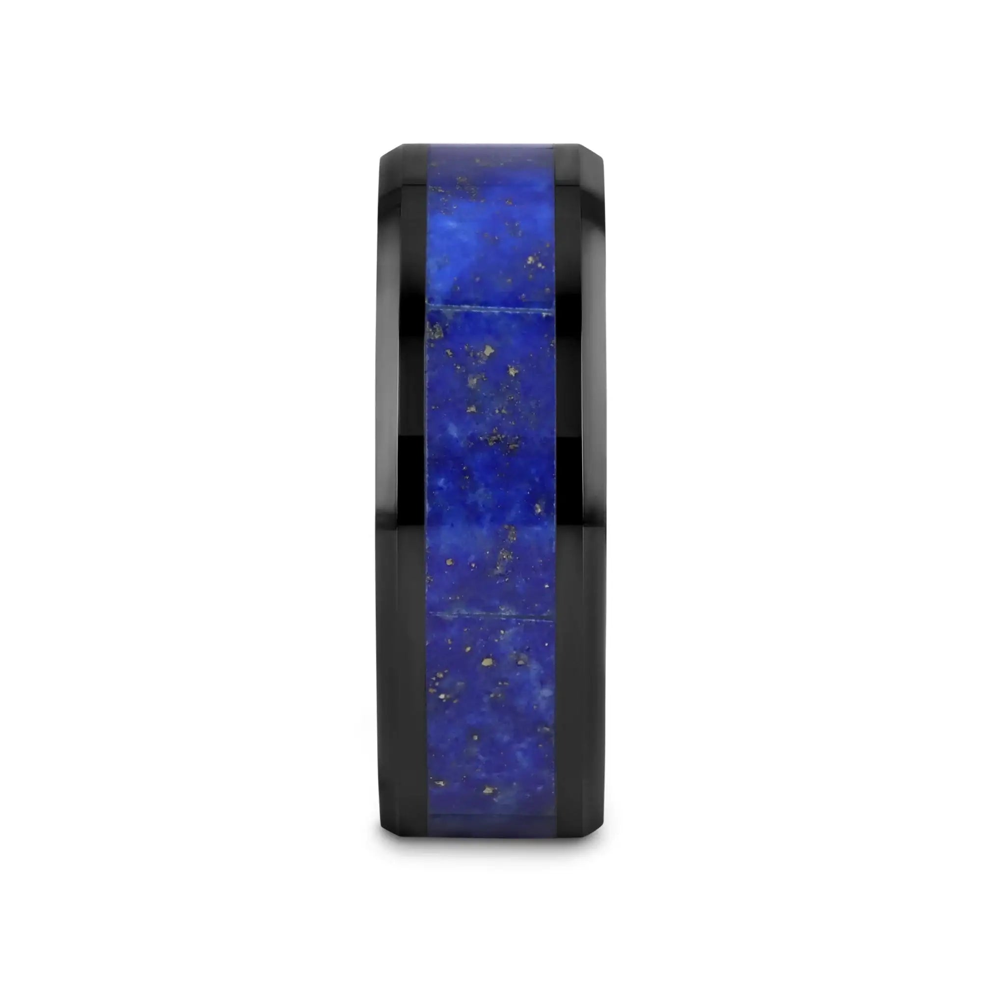 MARLOW Men’s Polished Black Ceramic Wedding Band with Blue Lapis Inlay & Beveled Edges - 8mm