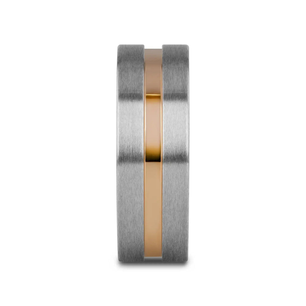MARS Titanium Flat Brushed Finished Men's Wedding Ring With Rose Gold Plated Groove Center - 8mm