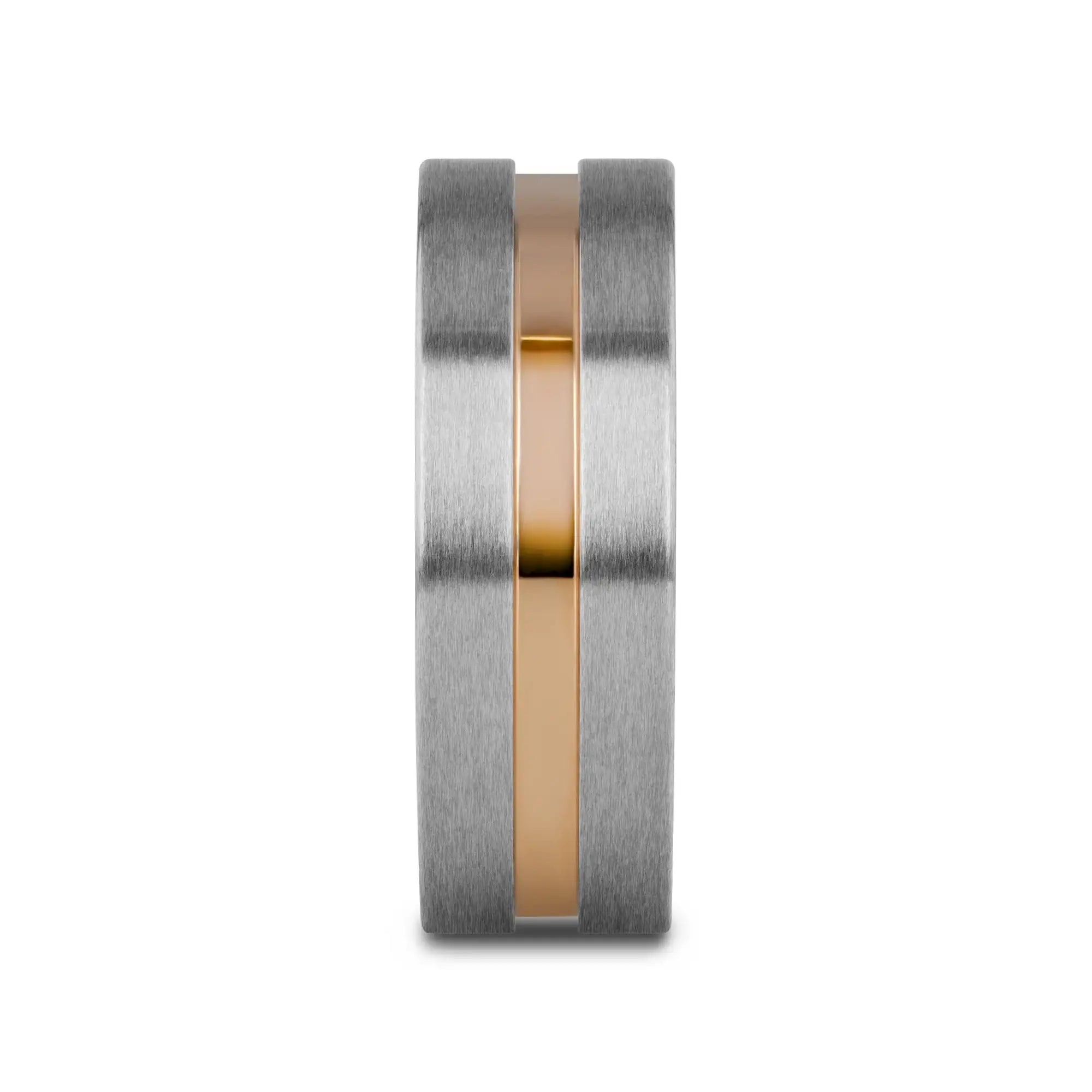 MARS Titanium Flat Brushed Finished Men's Wedding Ring With Rose Gold Plated Groove Center - 8mm