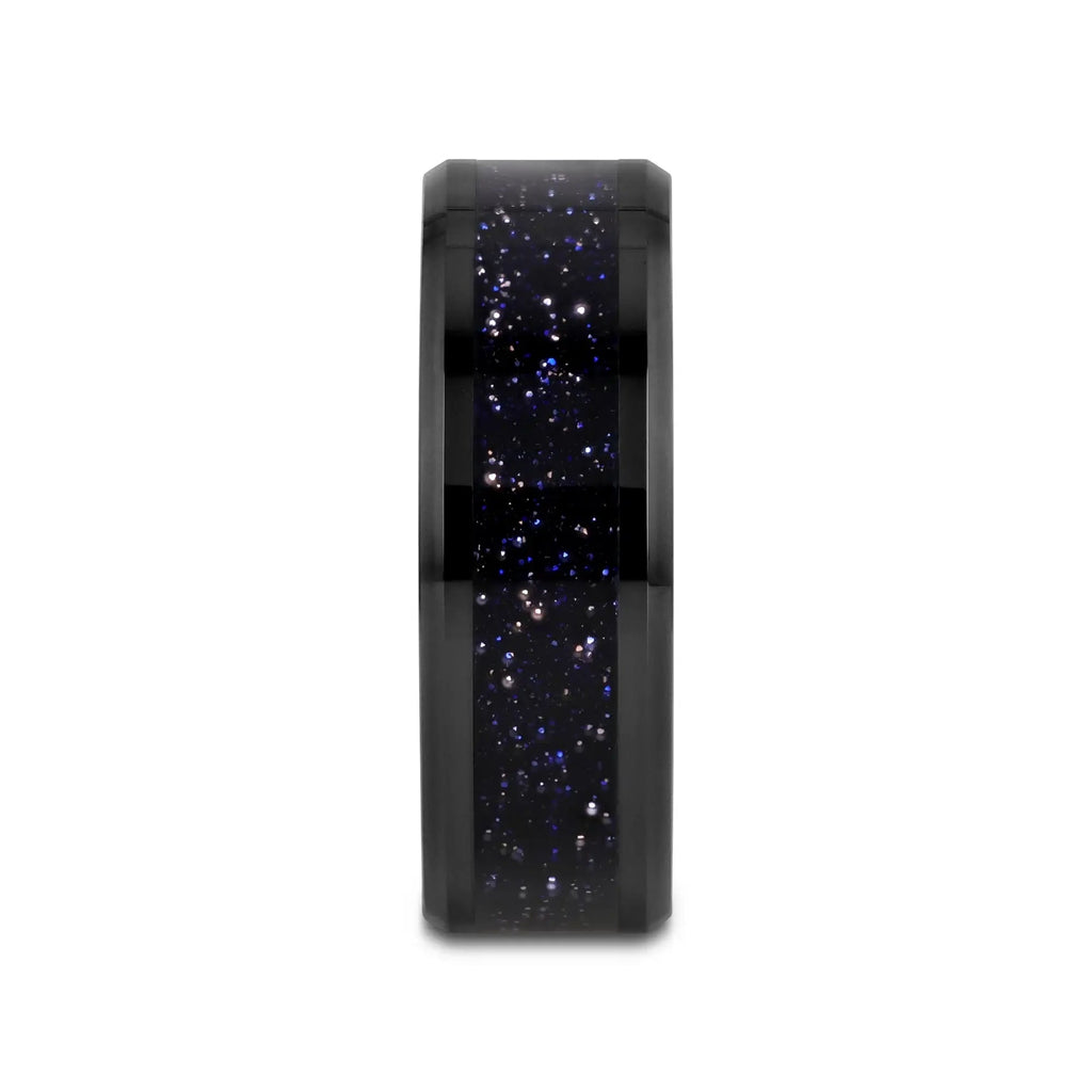 MELO Black Ceramic Beveled Polished Men’s Wedding Band with Purple Goldstone Inlay - 8mm
