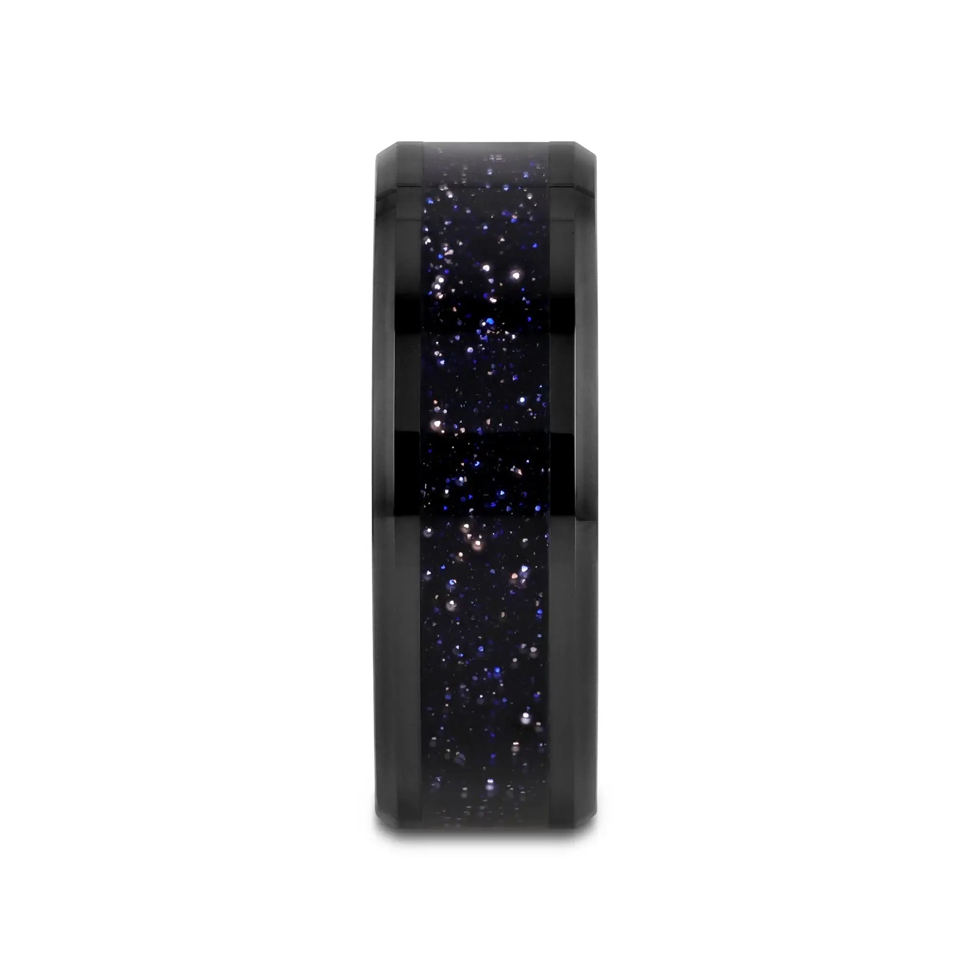 MELO Black Ceramic Beveled Polished Men’s Wedding Band with Purple Goldstone Inlay - 8mm