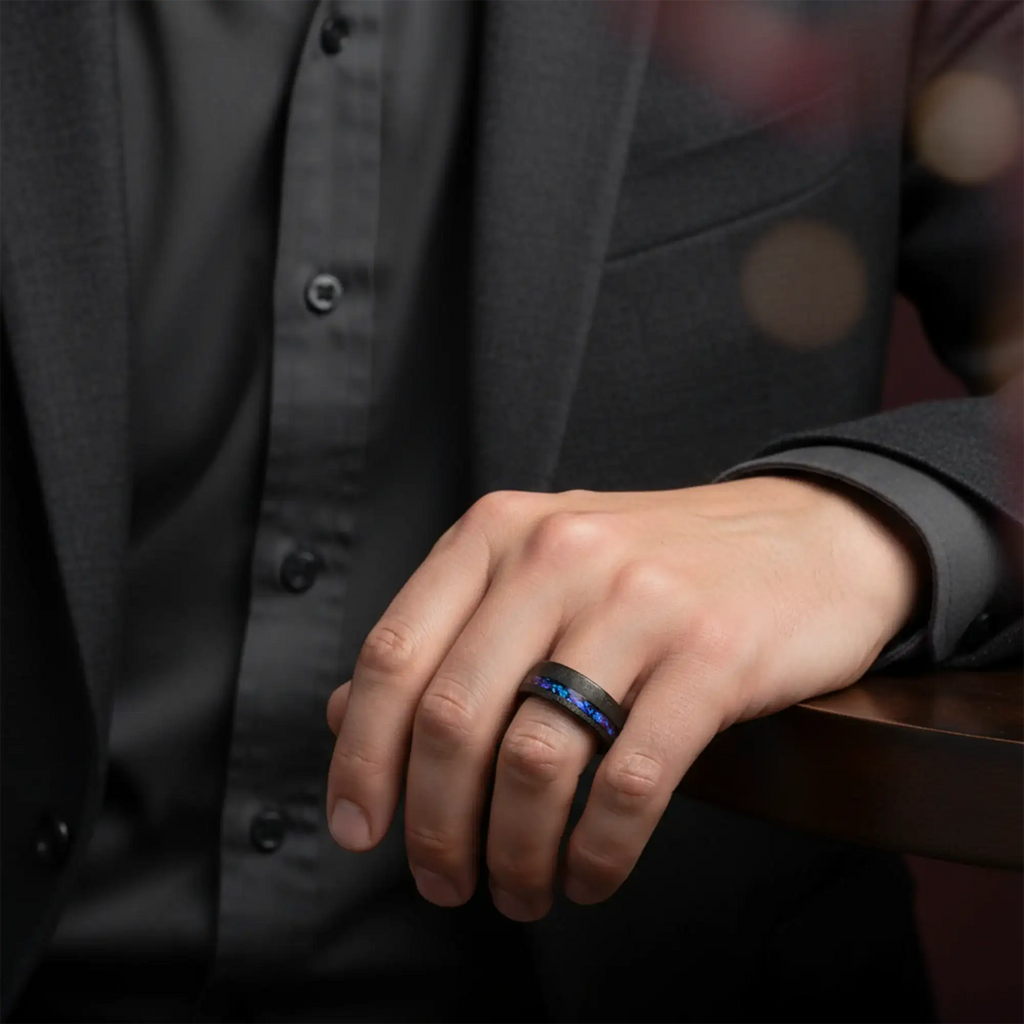 MIRAGE Sandblasted Black Tungsten Ring with Crushed Alexandrite and Dark Blue/Purple Crushed Goldstone – 8mm