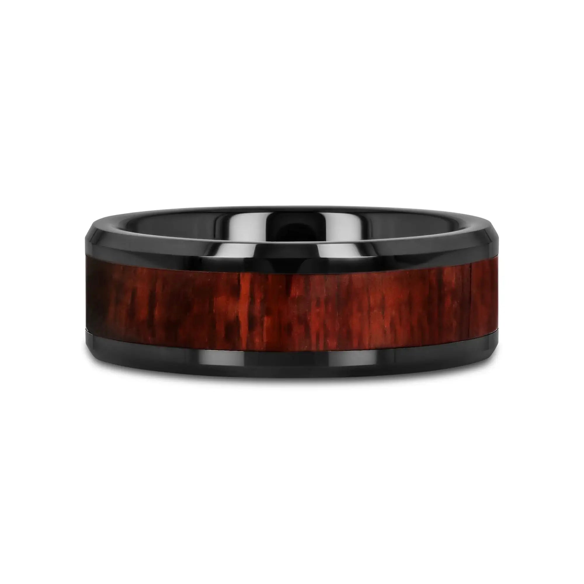MORADO Purple Heart Wood Inlaid Black Ceramic Ring with Beveled Edges - 8mm