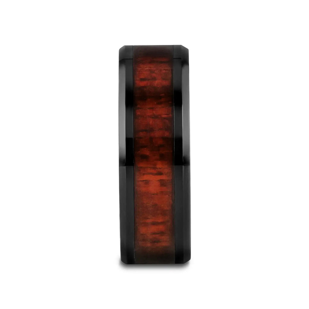 MORADO Purple Heart Wood Inlaid Black Ceramic Ring with Beveled Edges - 8mm