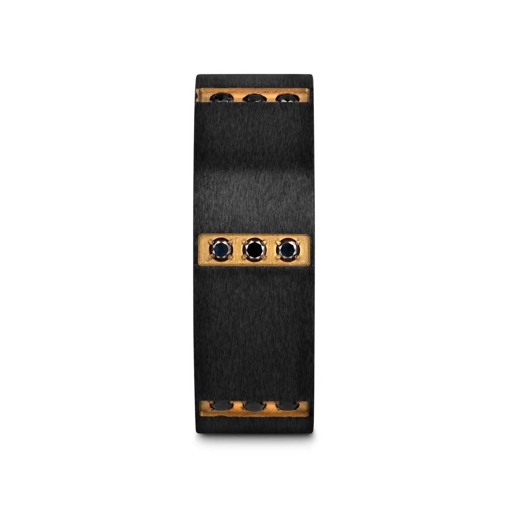 MURAMASA Flat Brushed Black Titanium Ring Gold Plated Inside with 6 Gold Plated Stainless Steel Bezels Triple Black Diamond Setting - 8mm