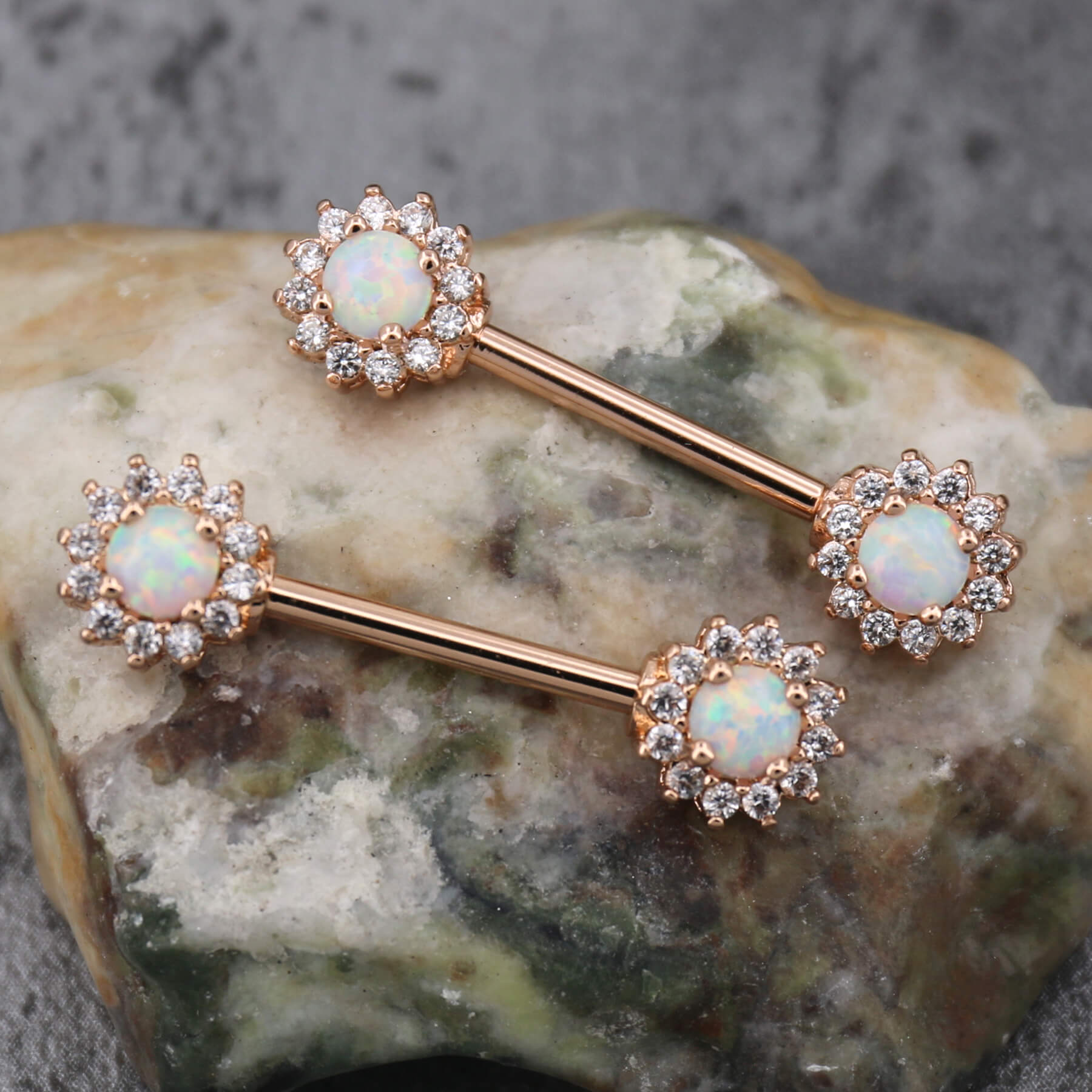 Synthetic Opal Rose Gold Nipple Barbell Pair
