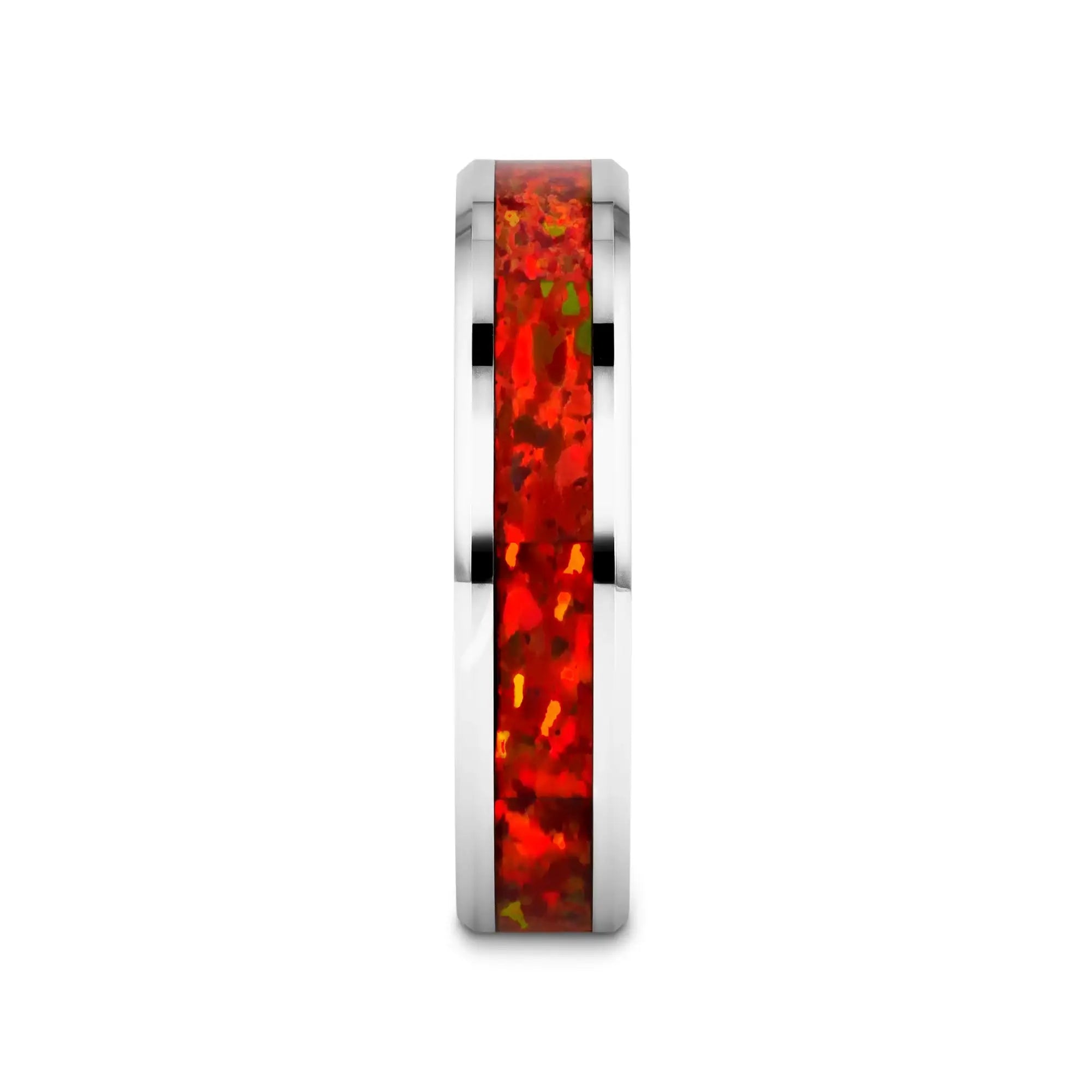 NEBULA Tungsten Wedding Band with Beveled Edges and Red Opal Inlay - 4mm - 8mm