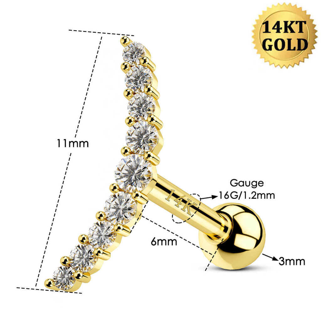 14K Gold Curved CZ Cartilage Stud