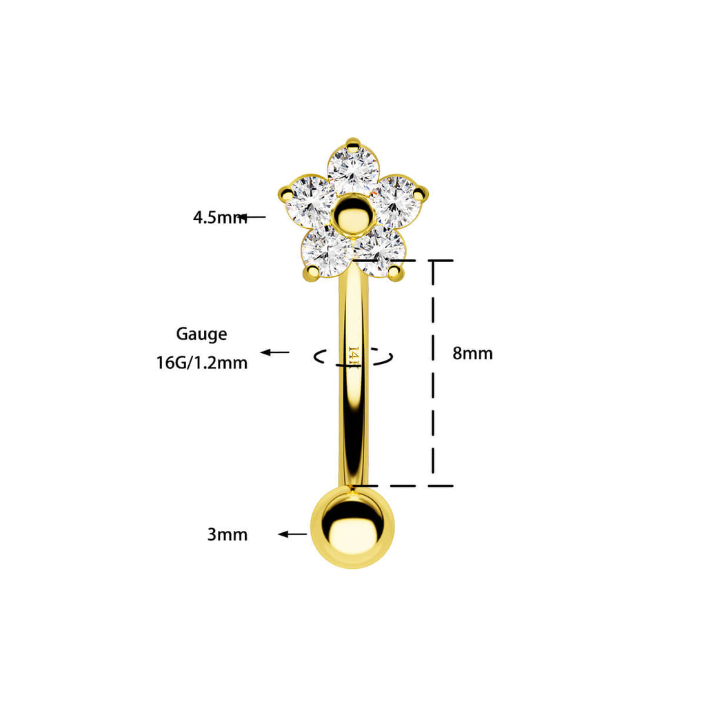 14K Gold Clear CZ Flower Rook Earring