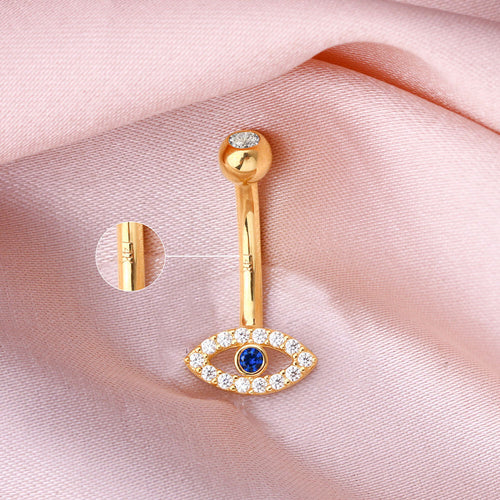 14K Gold Blue CZ Evil Eye Belly Ring