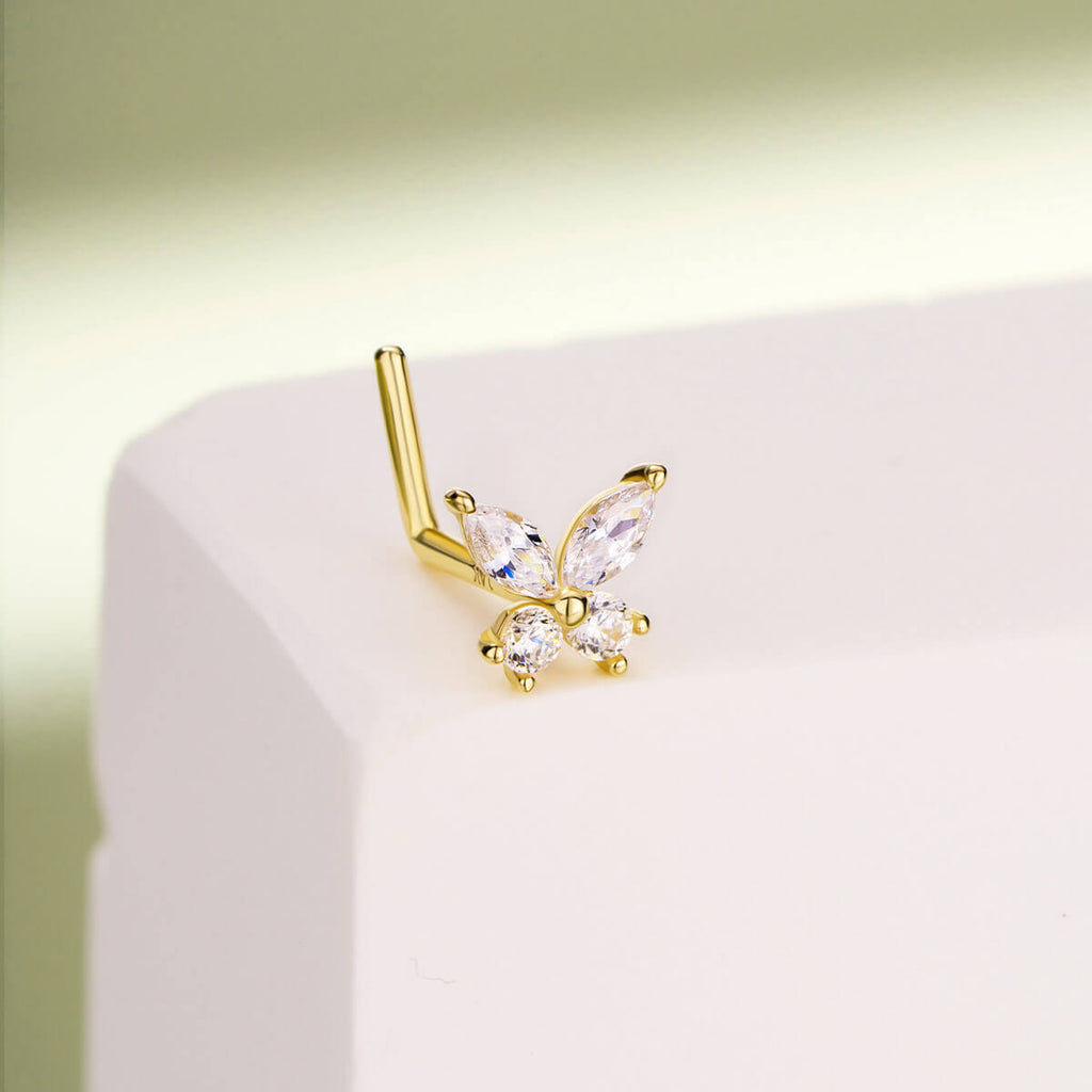 14K Gold CZ Butterfly L-Shape Nose Stud