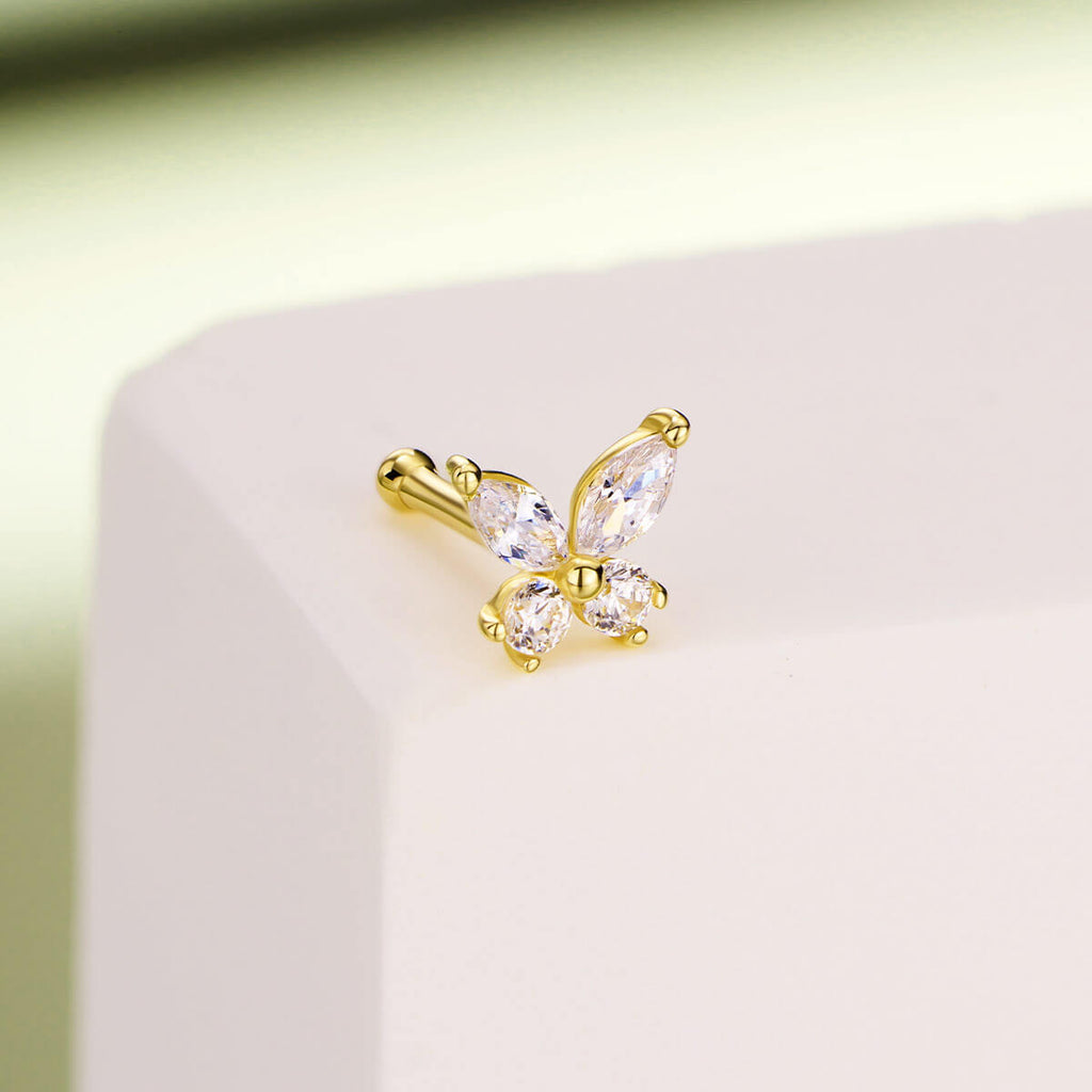 14K Gold CZ Butterfly Top Nose Stud