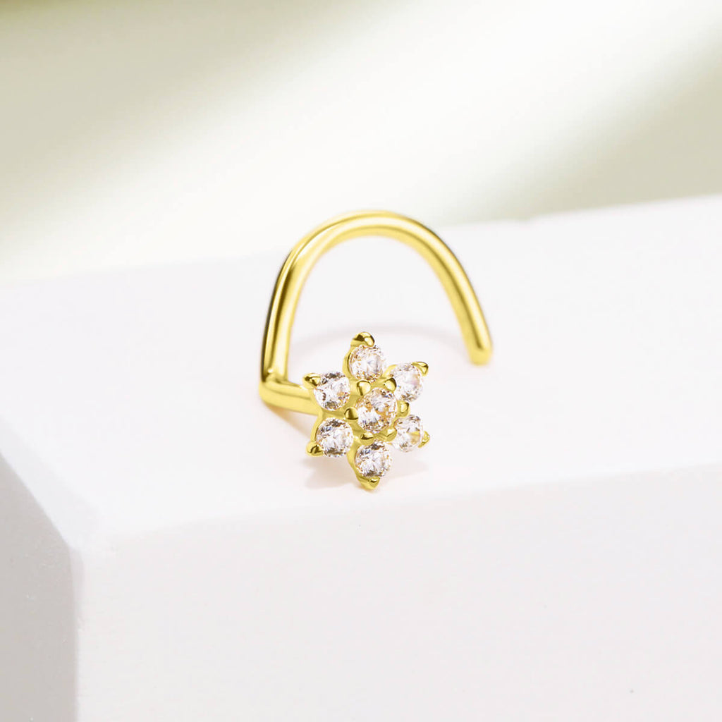 14K Gold CZ Flower Screw Nose Stud