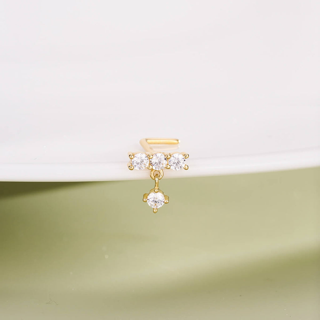 14K Gold Straight CZ Row L-Shaped Nose Stud