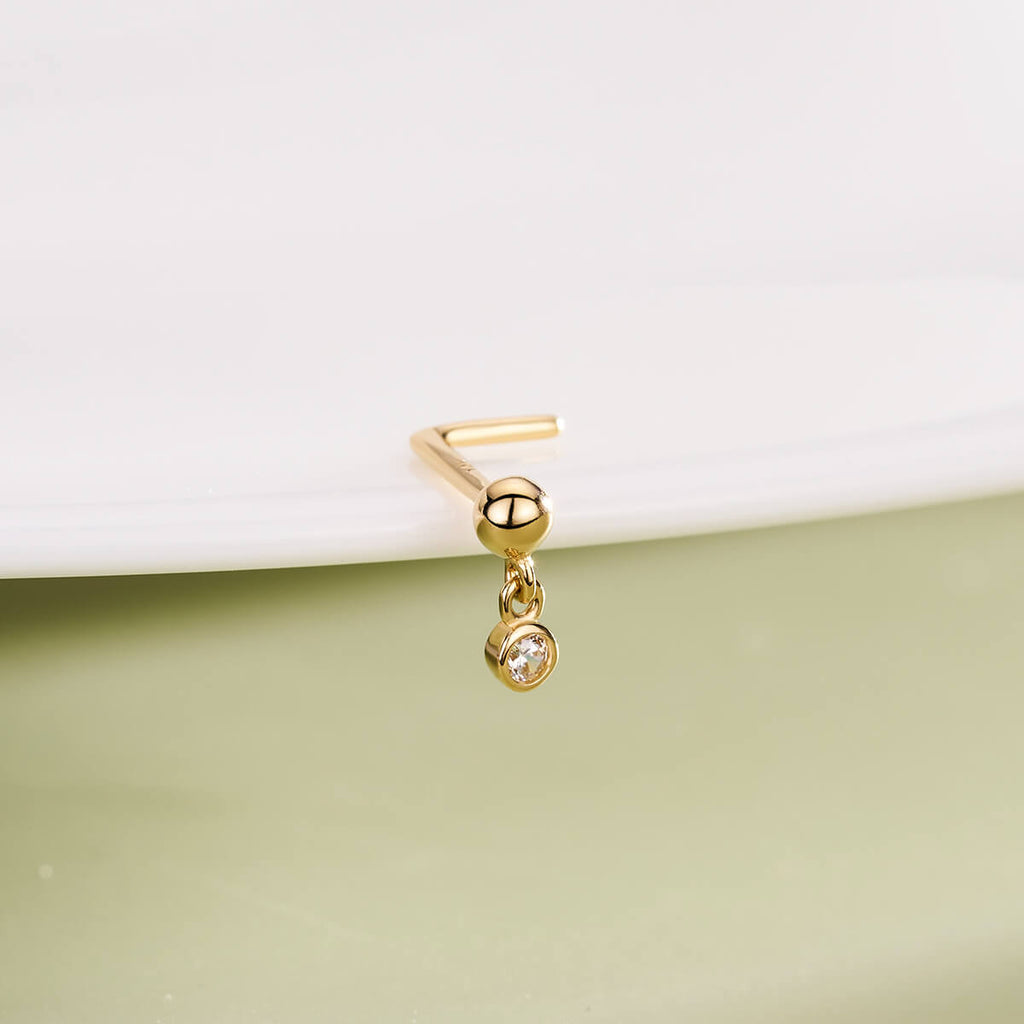 14K Gold CZ Dangle L-Shaped Nose Stud