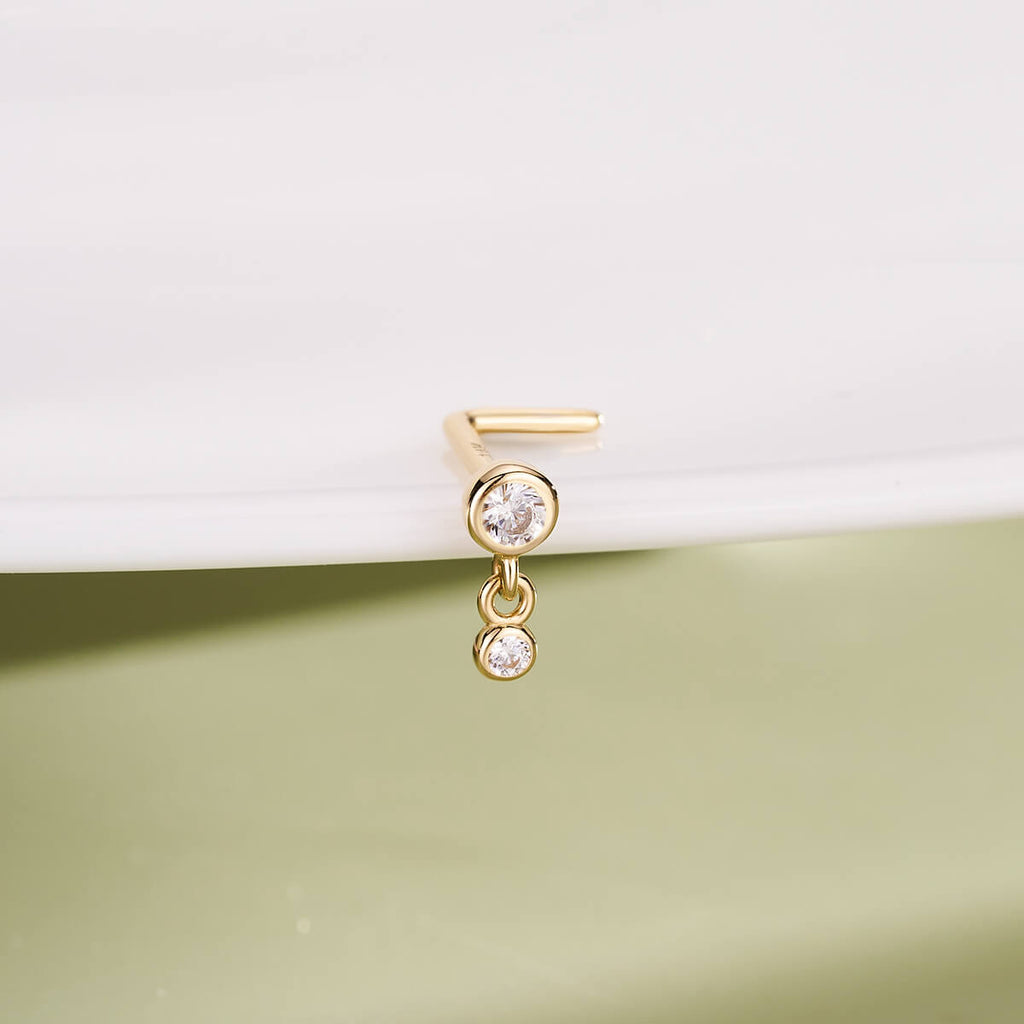 14K Gold Bezel CZ L-Shaped Nose Stud
