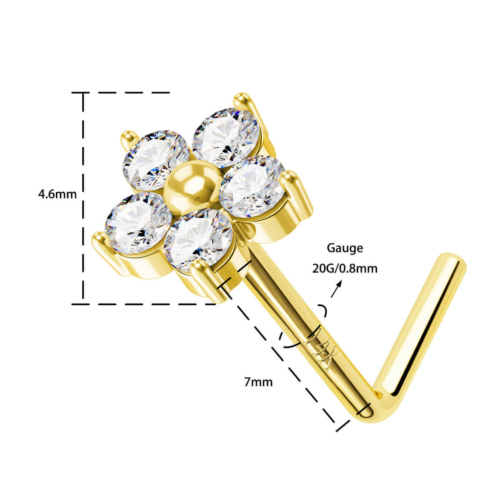 14K Gold CZ Flower L-Shaped Nose Stud