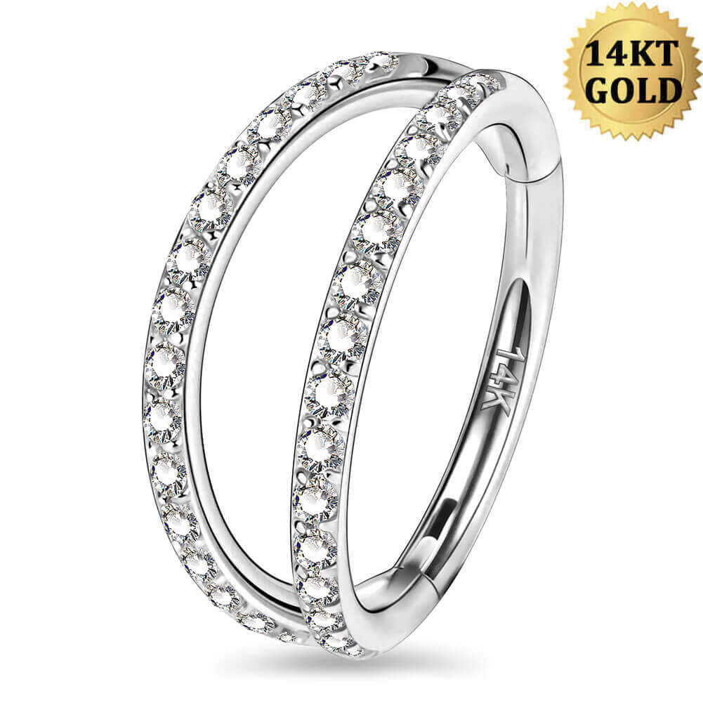 20G 14K White Gold Double Row CZ Nose Hoop